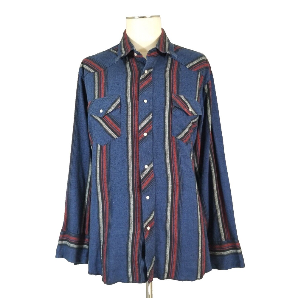 Wrangler Western shirt men's 2XL XXL blue flannel pearl snap cowboy retro